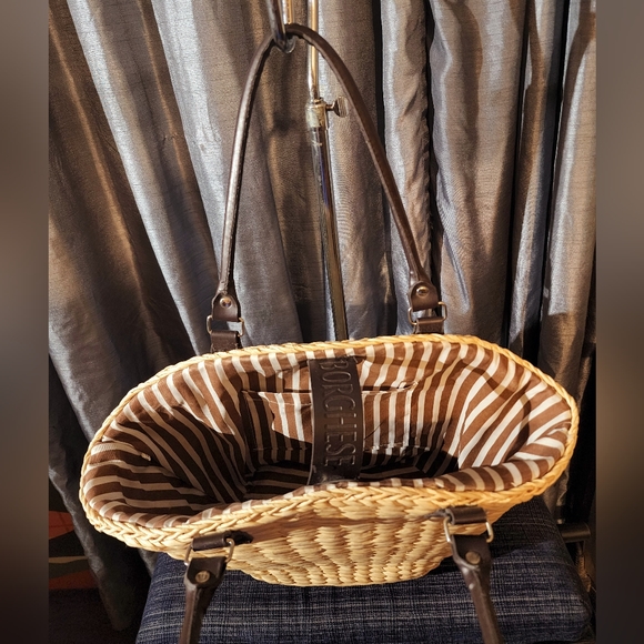 Borghese Large straw jute shoulder bag brown white pinstriped inside - Picture 5 of 10